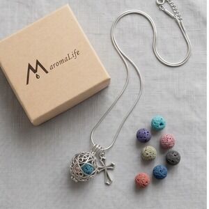 MaromaLife Essential Oil Diffuser Necklace Cross Filigree Locket Silver Tone NEW